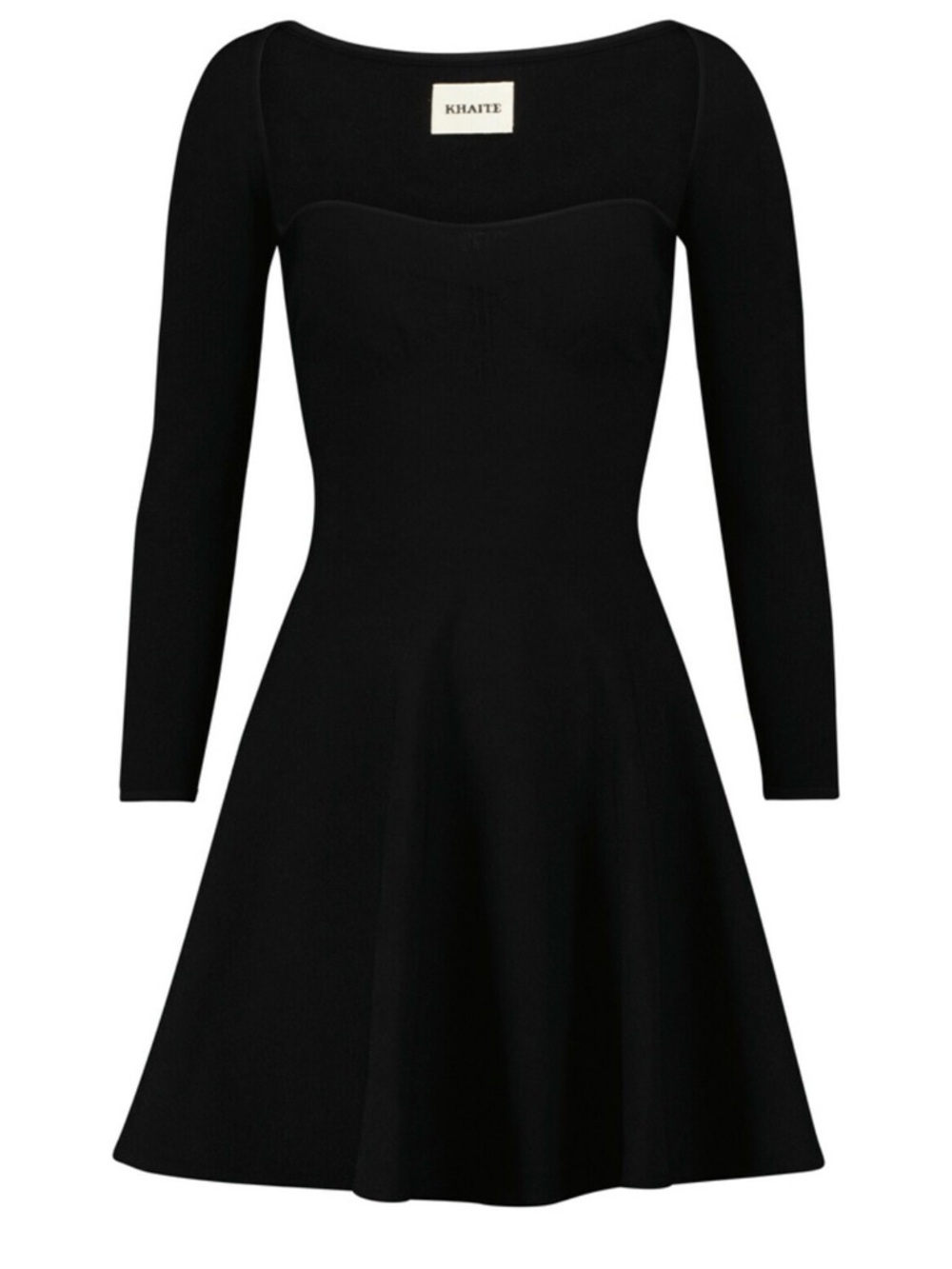 KHAITE Black Long-Sleeve Square-Neck Fit-and-Flare Dress